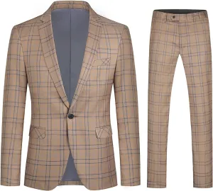 Cloudstyle Mens 2 PCS Plaid Suits Slim Formal Suit Checkered Blazer Jacket Pants