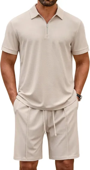 COOFANDY Men's Track Suits 2 Piece Set Quarter Zip Polo Shirt and Shorts Set Summer Casual Outfits