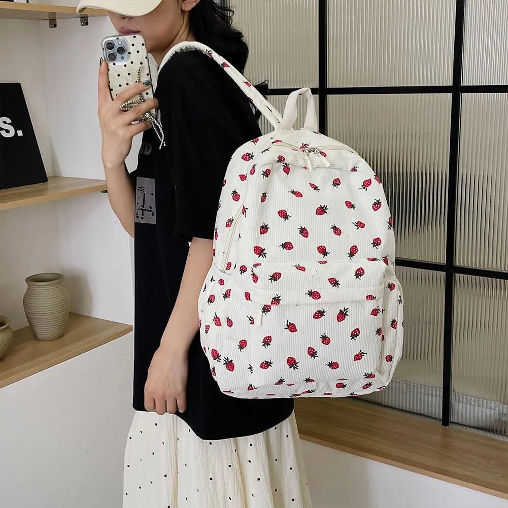 Corduroy Strawberry Backpack Cute Aesthetic Backpack for Women Large Travel Daypack Multi-pockets Daily Rucksack