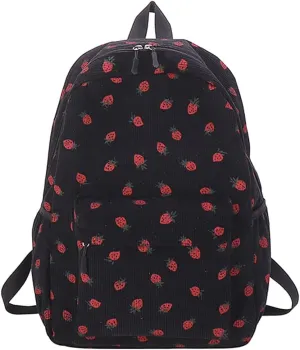 Corduroy Strawberry Backpack Cute Aesthetic Backpack for Women Large Travel Daypack Multi-pockets Daily Rucksack