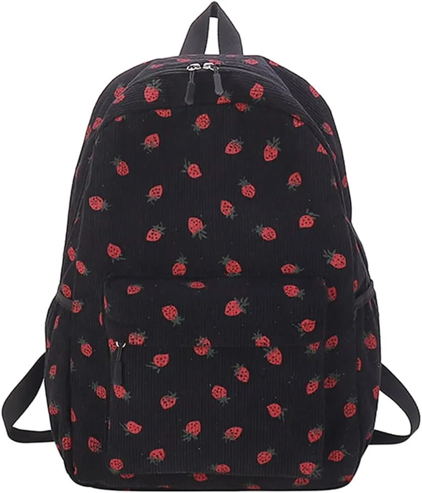 Corduroy Strawberry Backpack Cute Aesthetic Backpack for Women Large Travel Daypack Multi-pockets Daily Rucksack