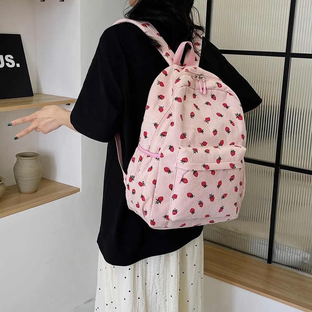 Corduroy Strawberry Backpack Cute Aesthetic Backpack for Women Large Travel Daypack Multi-pockets Daily Rucksack