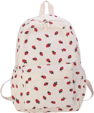 Corduroy Strawberry Backpack Cute Aesthetic Backpack for Women Large Travel Daypack Multi-pockets Daily Rucksack