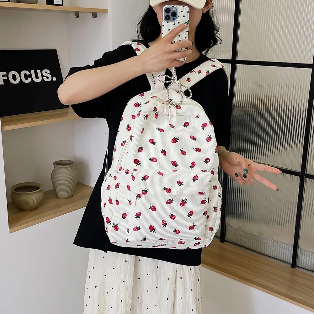 Corduroy Strawberry Backpack Cute Aesthetic Backpack for Women Large Travel Daypack Multi-pockets Daily Rucksack
