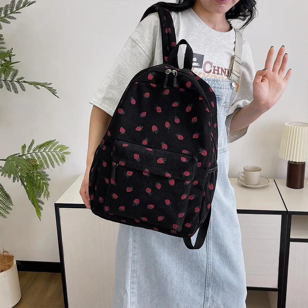 Corduroy Strawberry Backpack Cute Aesthetic Backpack for Women Large Travel Daypack Multi-pockets Daily Rucksack