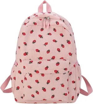 Corduroy Strawberry Backpack Cute Aesthetic Backpack for Women Large Travel Daypack Multi-pockets Daily Rucksack
