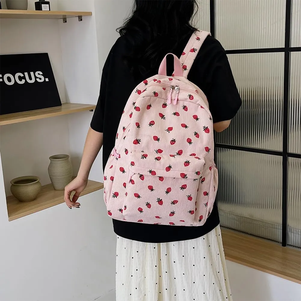 Corduroy Strawberry Backpack Cute Aesthetic Backpack for Women Large Travel Daypack Multi-pockets Daily Rucksack