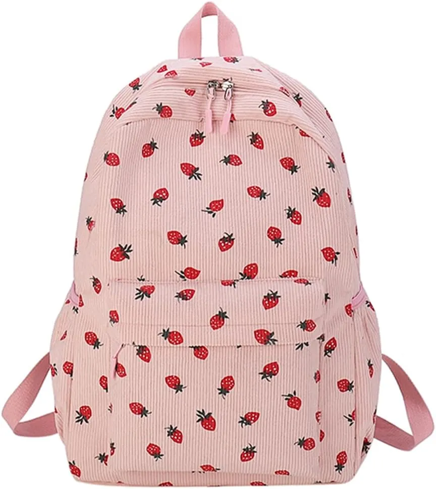 Corduroy Strawberry Backpack Cute Aesthetic Backpack for Women Large Travel Daypack Multi-pockets Daily Rucksack