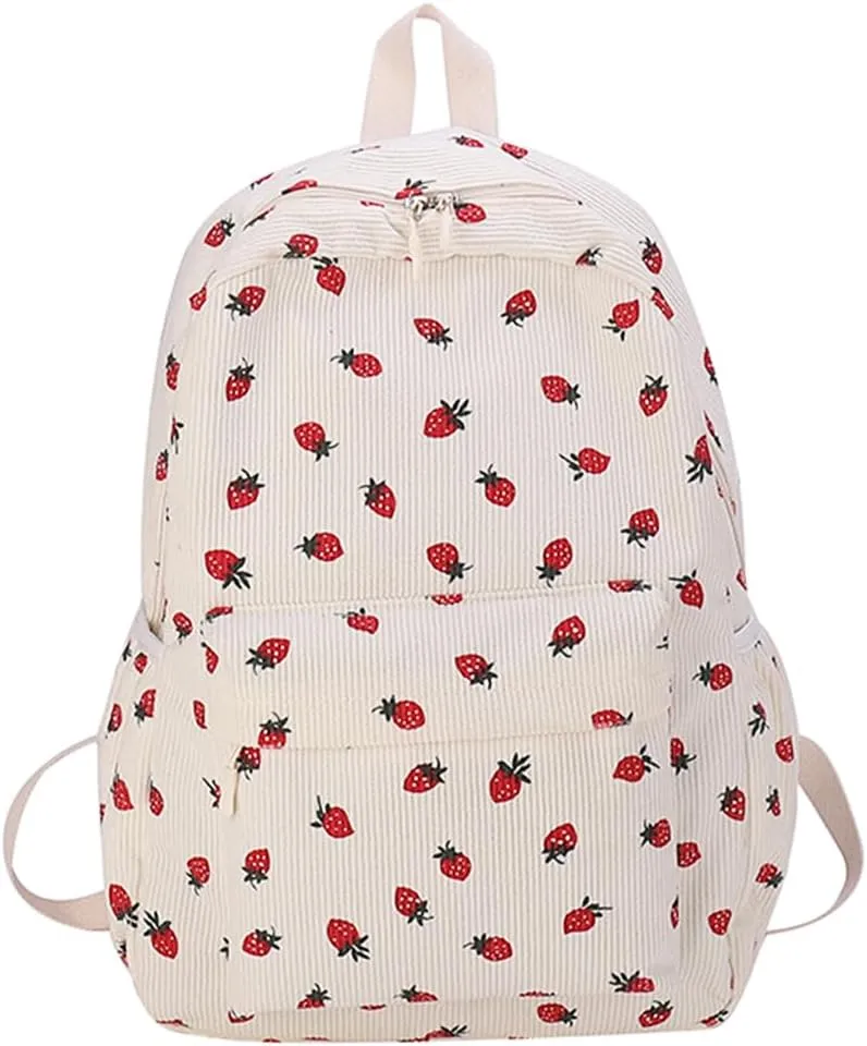 Corduroy Strawberry Backpack Cute Aesthetic Backpack for Women Large Travel Daypack Multi-pockets Daily Rucksack