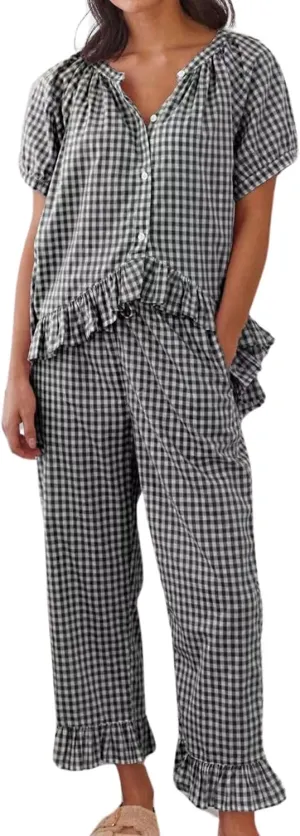 Cotton Pajamas for Women Set Plaid 2 Piece Short Sleeve Tops and Pants Cute Gingham Pj Lounge Set