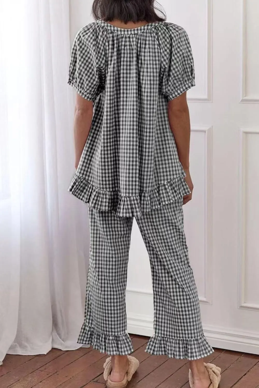 Cotton Pajamas for Women Set Plaid 2 Piece Short Sleeve Tops and Pants Cute Gingham Pj Lounge Set