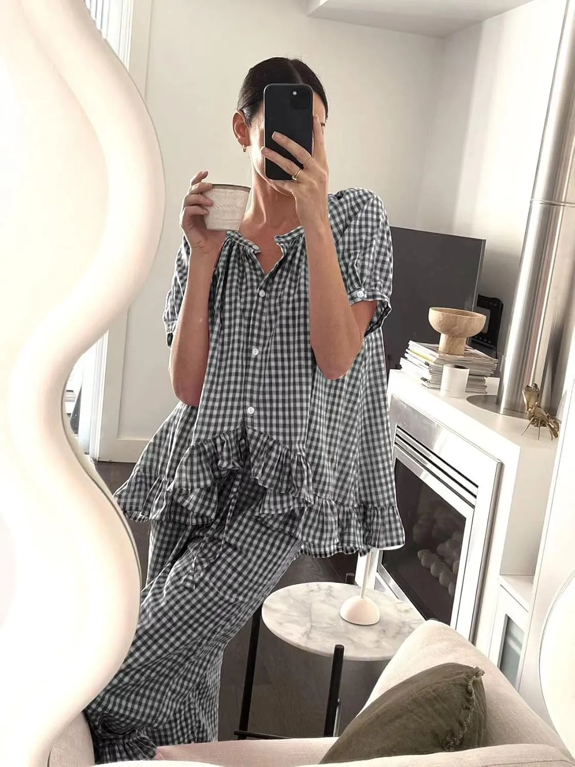 Cotton Pajamas for Women Set Plaid 2 Piece Short Sleeve Tops and Pants Cute Gingham Pj Lounge Set