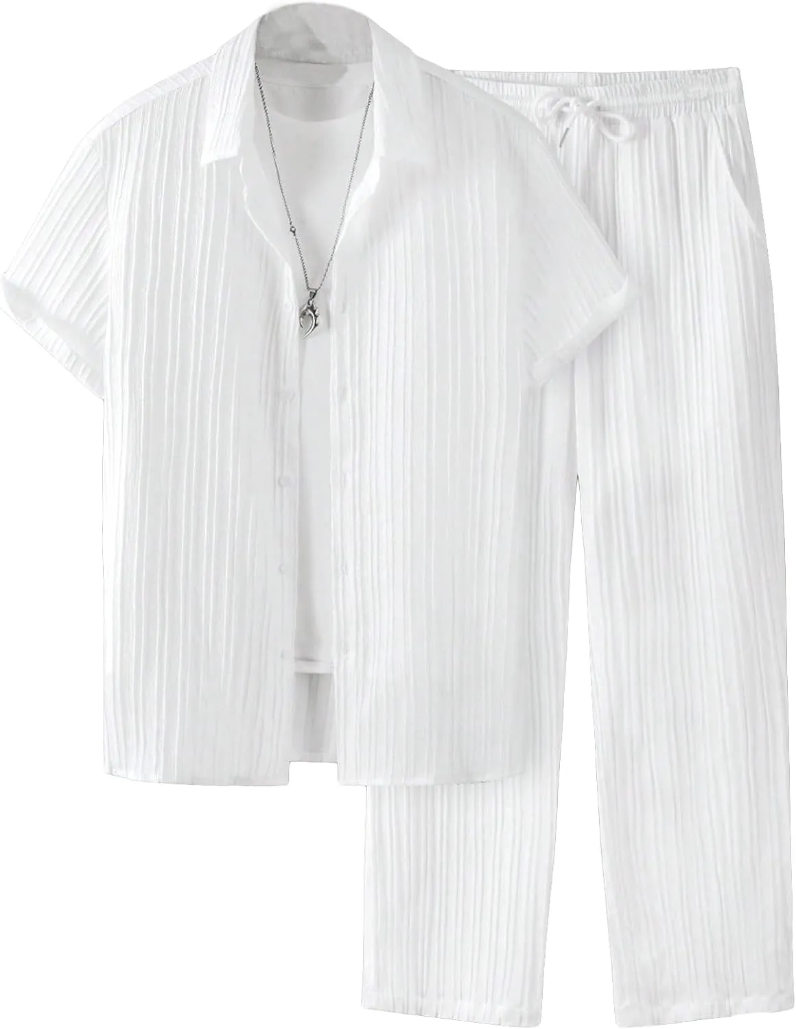 COZYEASE Men's 2 Piece Outfit Short Sleeve Button Down Shirt Loose Pants Set Summer Beach Vacation Outfits