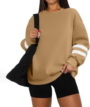 Crew Neck Sweatshirts Women Plus Size Fleece Striped Sweatshirt Oversized Athletic Active Drop Shoulder Pullover