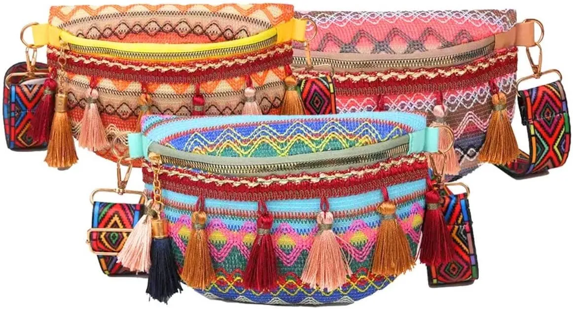 Crossbody Bag for Women , Bohemian Style Fanny Pack , Waist Pack w/ Tassels, Travel Pouch , Fashion Pack for Outdoor, Festivals, Concerts (Yellow)