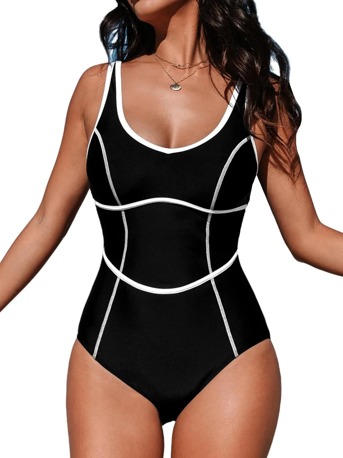 CUPSHE Women's One Piece Swimsuit Scoop Neck Bathing Suit Color Block Adjustable Wide Straps