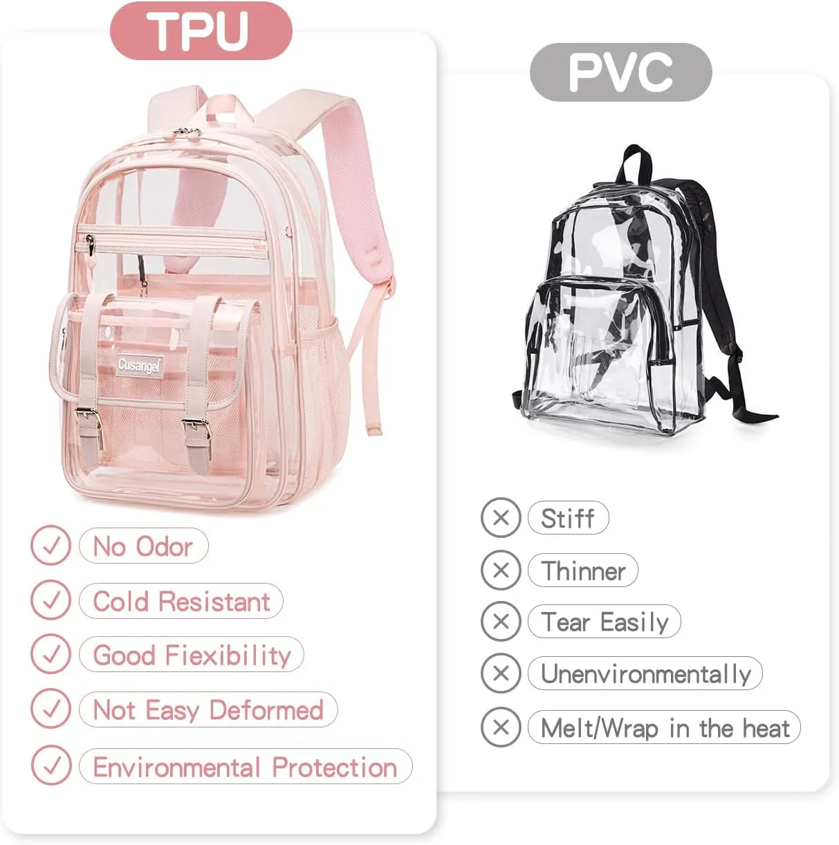 Cusangel clear Backpack for women Pink Heavy Duty See Through XL 18x8x12 Plastic Big Transparent Bookbag for Sport Event,School,Stadium Events & Work Backpacks