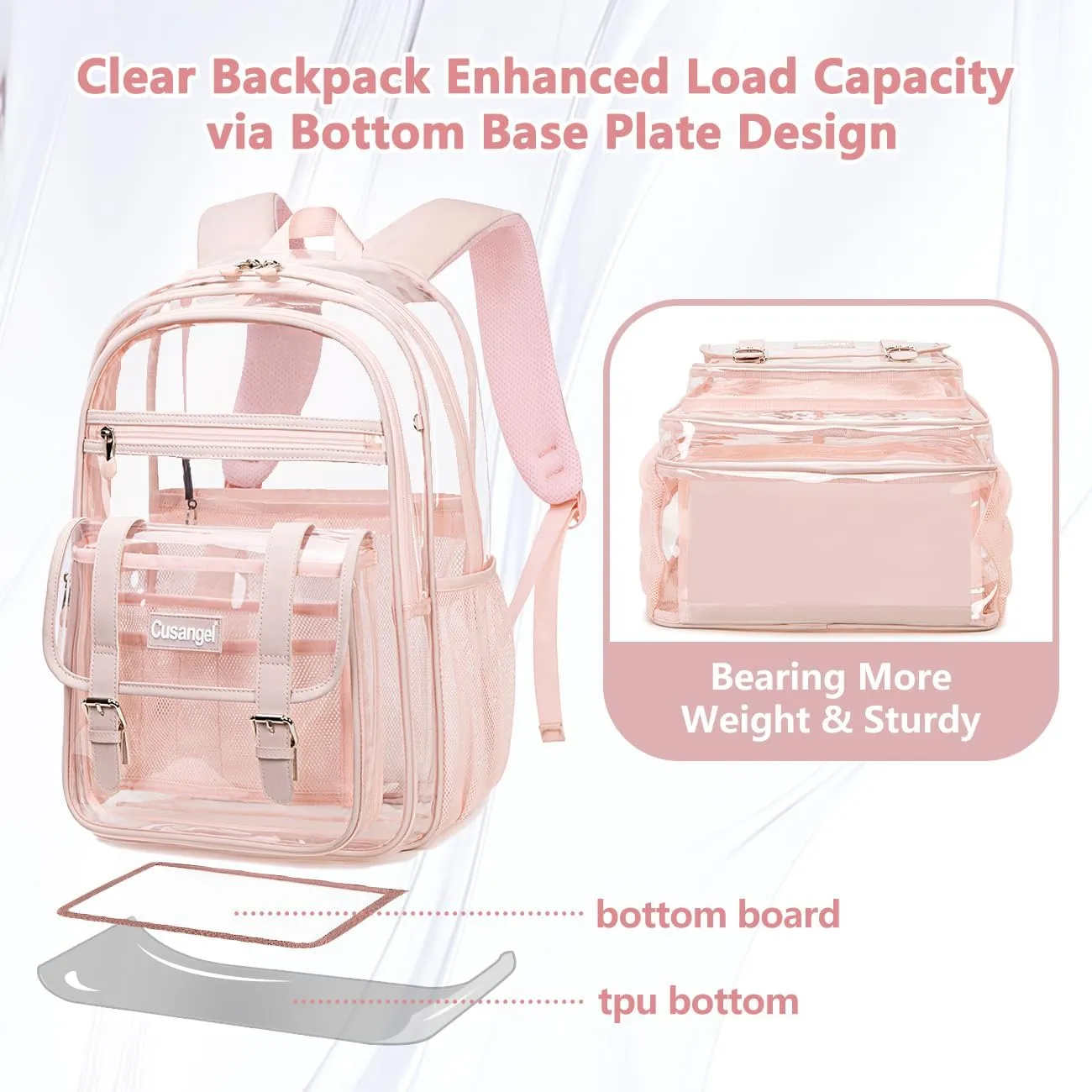 Cusangel clear Backpack for women Pink Heavy Duty See Through XL 18x8x12 Plastic Big Transparent Bookbag for Sport Event,School,Stadium Events & Work Backpacks