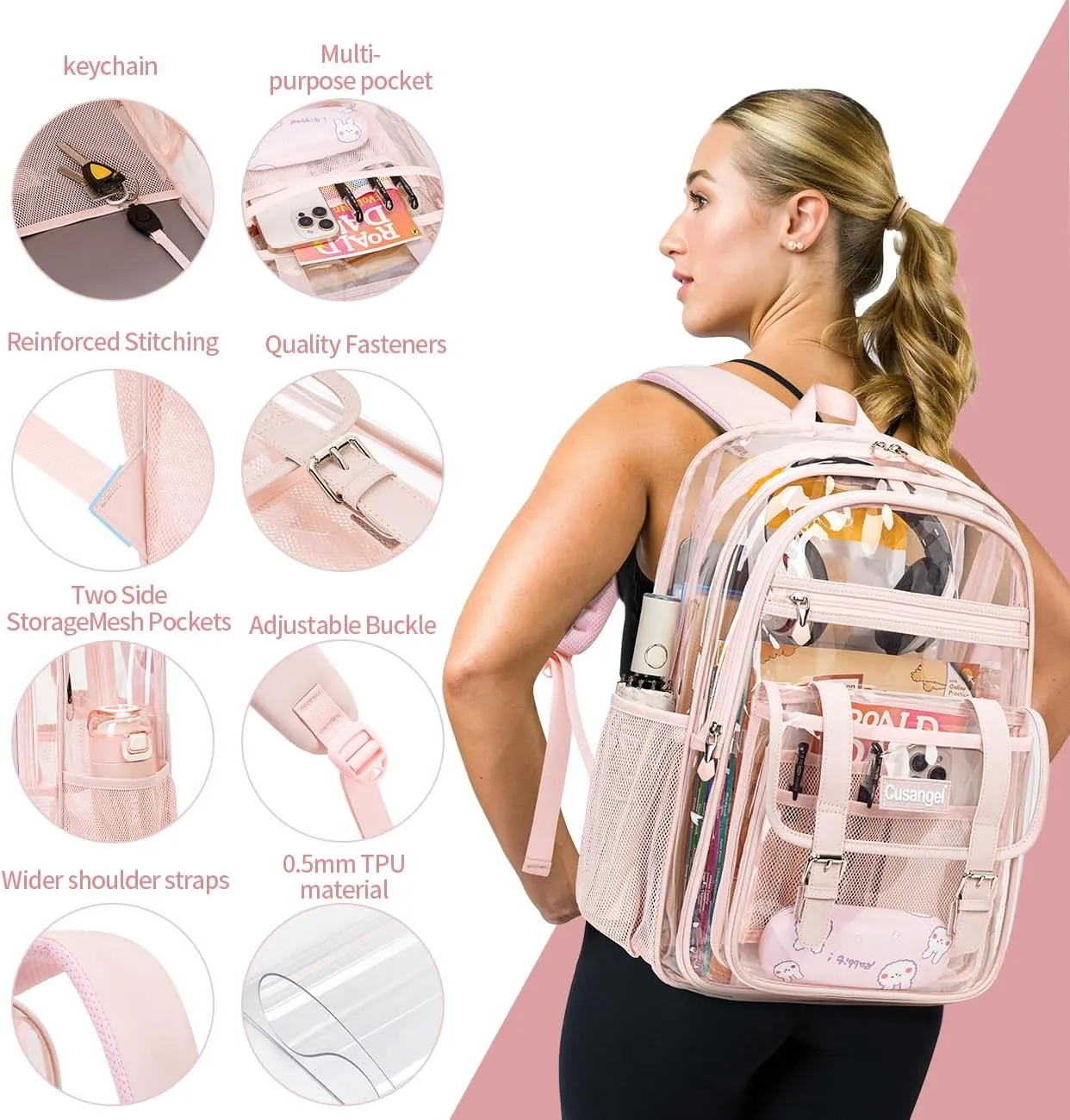 Cusangel clear Backpack for women Pink Heavy Duty See Through XL 18x8x12 Plastic Big Transparent Bookbag for Sport Event,School,Stadium Events & Work Backpacks
