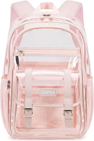 Cusangel clear Backpack for women Pink Heavy Duty See Through XL 18x8x12 Plastic Big Transparent Bookbag for Sport Event,School,Stadium Events & Work Backpacks