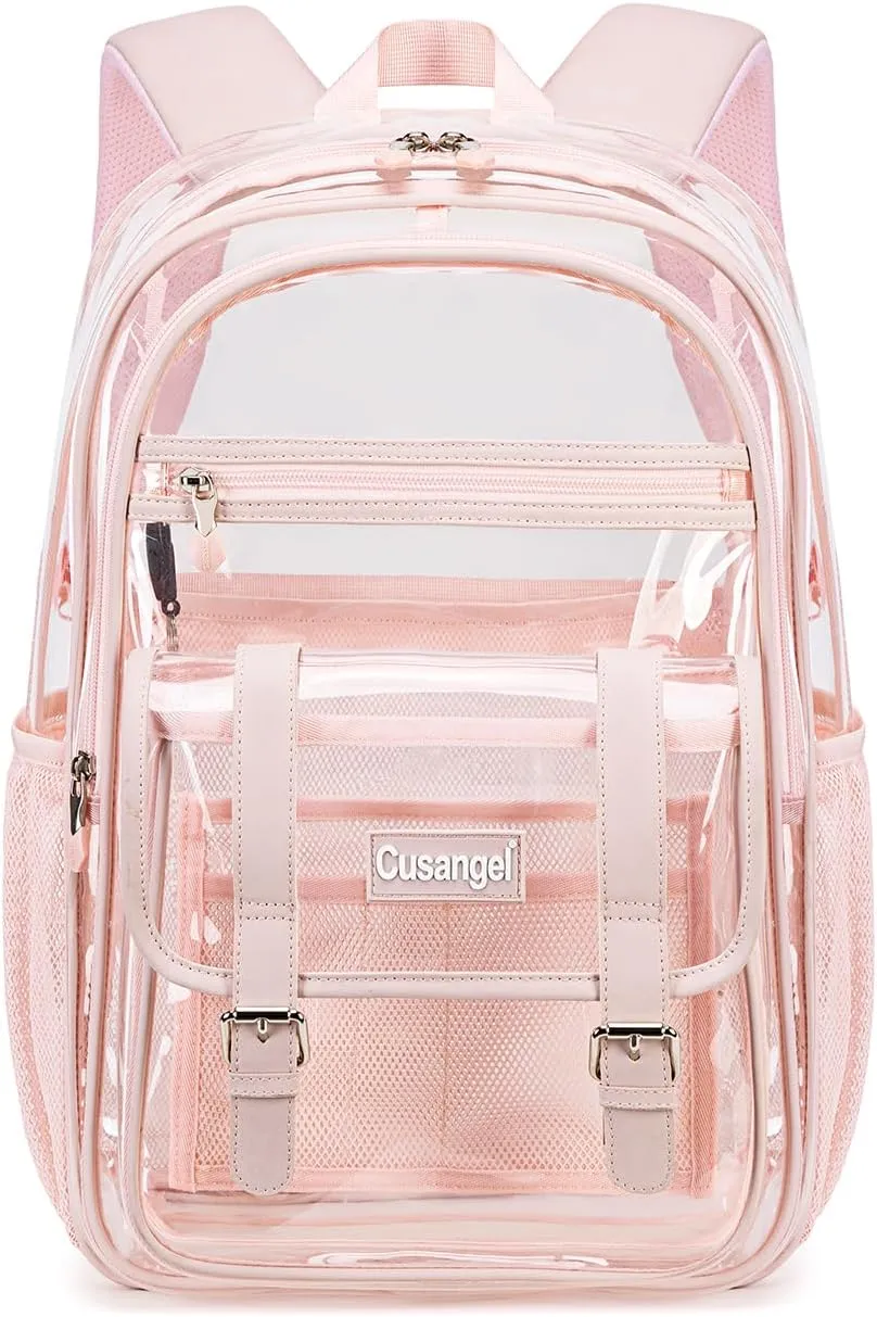 Cusangel clear Backpack for women Pink Heavy Duty See Through XL 18x8x12 Plastic Big Transparent Bookbag for Sport Event,School,Stadium Events & Work Backpacks