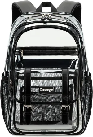 Cusangel Clear Black Backpack for women tpu XL bookbag Heavy Duty See Through H18''xW12''xD8 Plastic Big Transparent Bookbag for Sport Event,School,Stadium Events & Work Backpacks