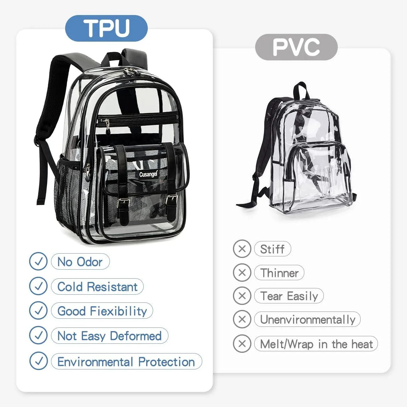 Cusangel Clear Black Backpack for women tpu XL bookbag Heavy Duty See Through H18''xW12''xD8 Plastic Big Transparent Bookbag for Sport Event,School,Stadium Events & Work Backpacks