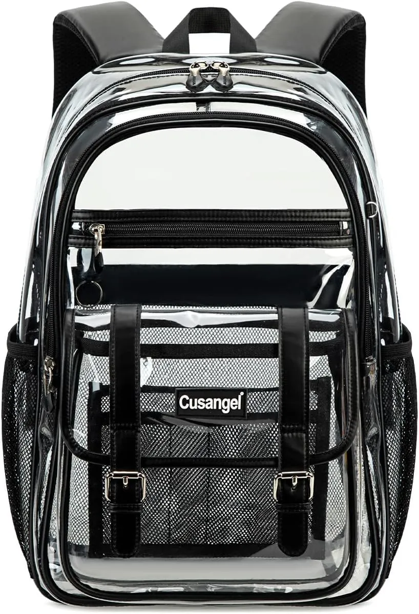 Cusangel Clear Black Backpack for women tpu XL bookbag Heavy Duty See Through H18''xW12''xD8 Plastic Big Transparent Bookbag for Sport Event,School,Stadium Events & Work Backpacks