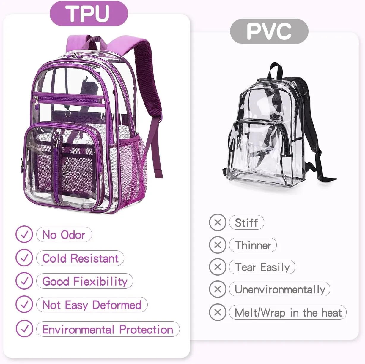 Cusangel Clear Purple Backpack for Women  Heavy Duty See Through XL H18''xW13''xD8 Plastic Big Transparent Bookbag for Sport Event,School,Stadium Events & Work Backpacks