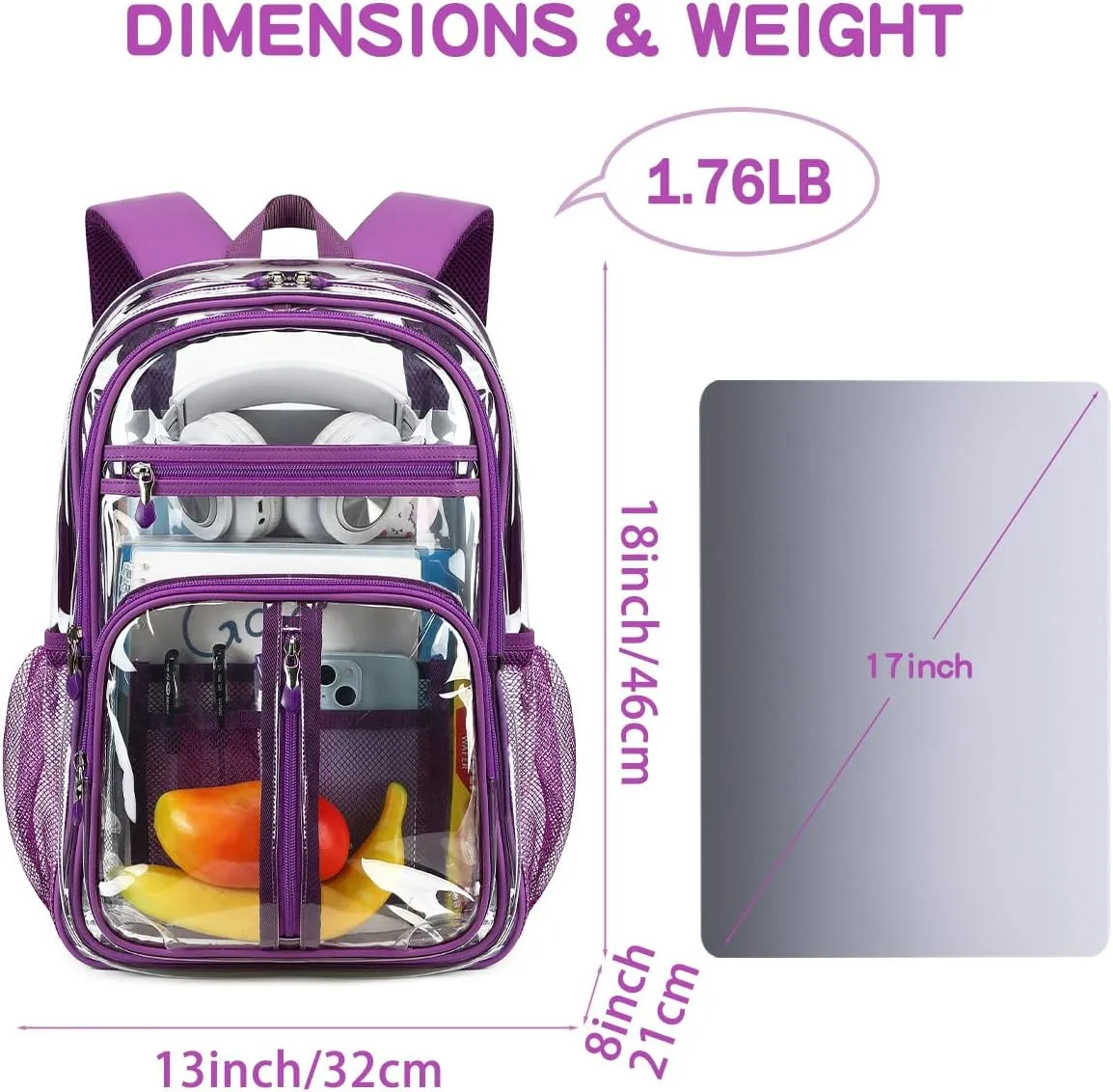 Cusangel Clear Purple Backpack for Women  Heavy Duty See Through XL H18''xW13''xD8 Plastic Big Transparent Bookbag for Sport Event,School,Stadium Events & Work Backpacks