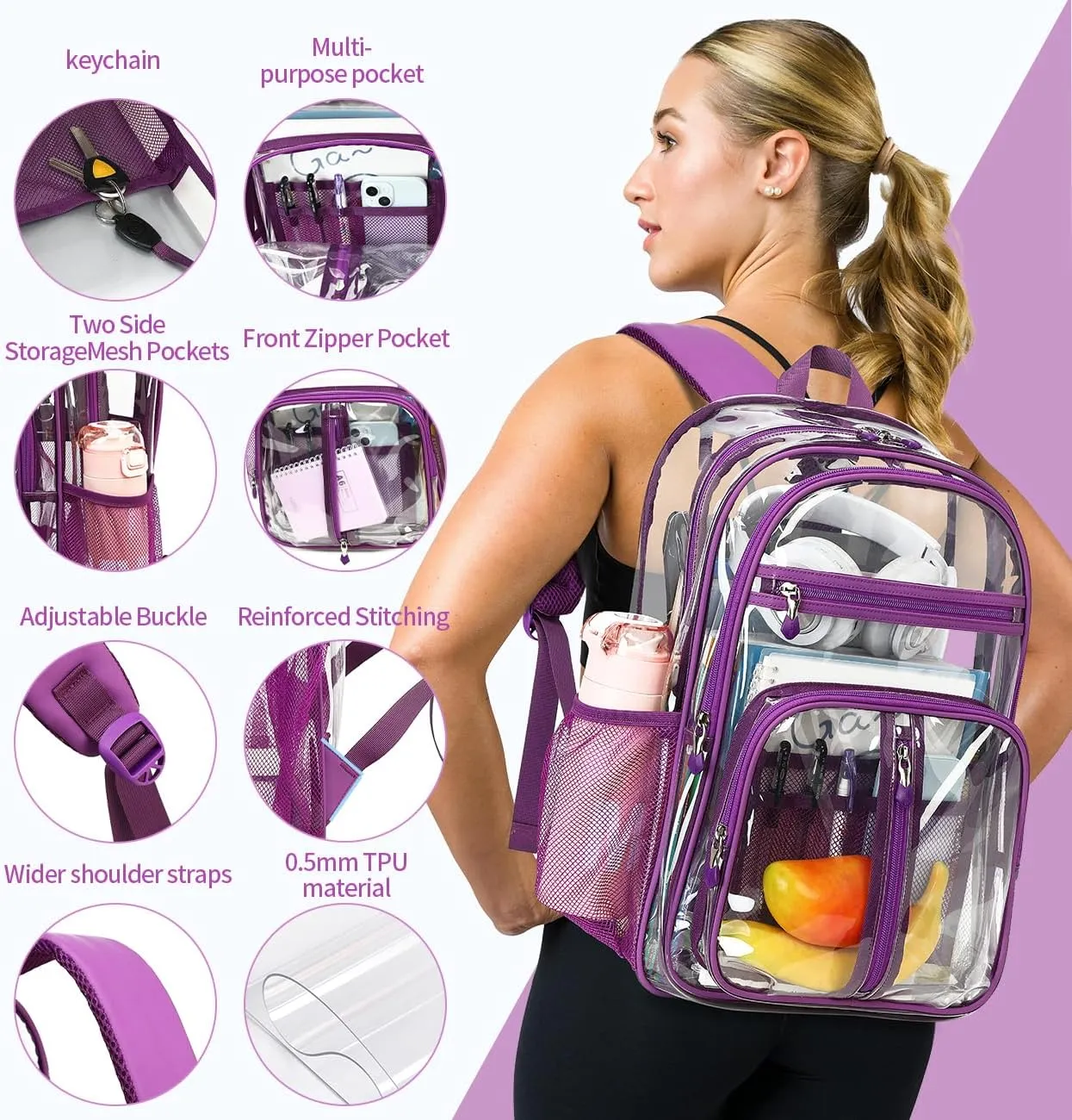 Cusangel Clear Purple Backpack for Women  Heavy Duty See Through XL H18''xW13''xD8 Plastic Big Transparent Bookbag for Sport Event,School,Stadium Events & Work Backpacks