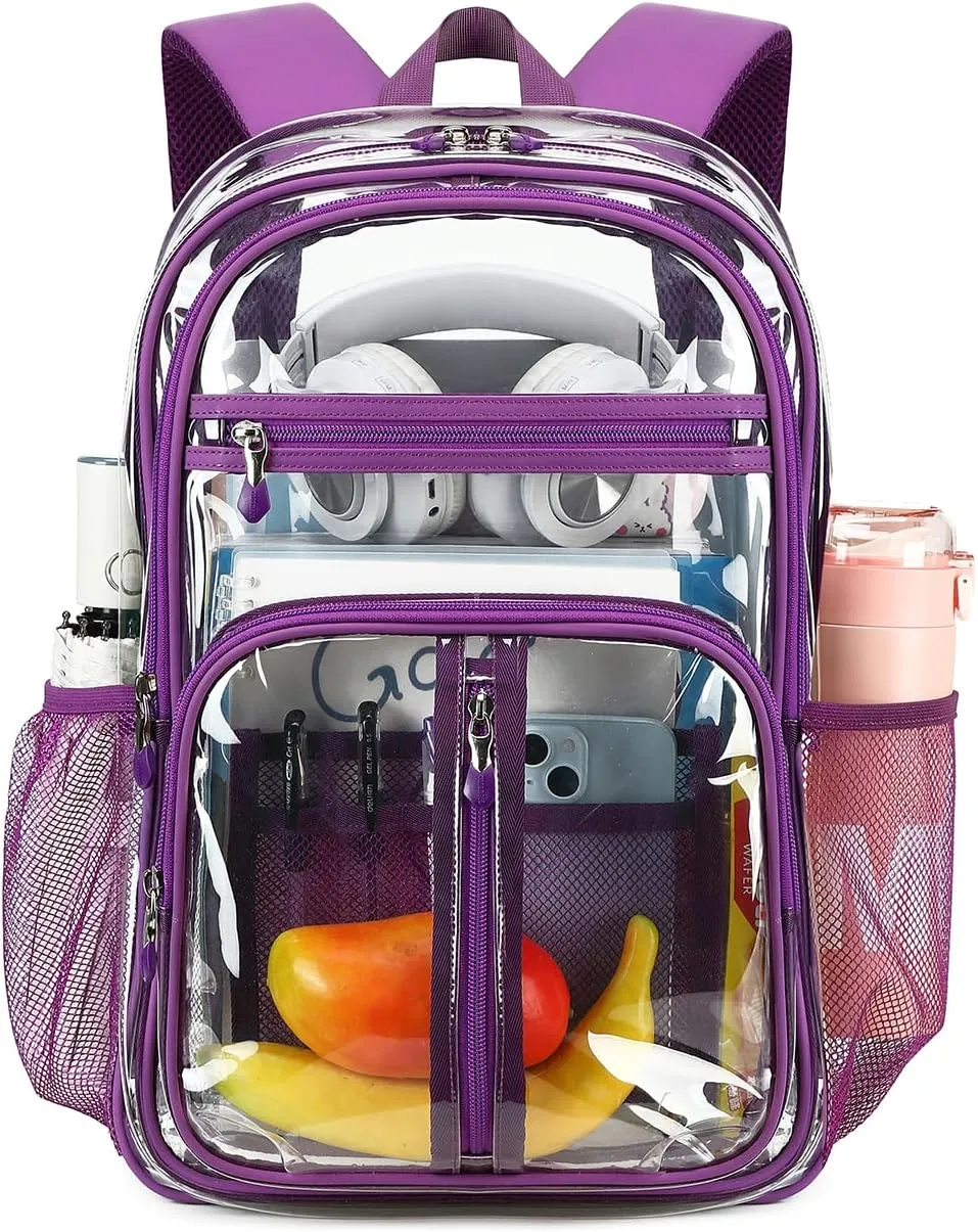 Cusangel Clear Purple Backpack for Women  Heavy Duty See Through XL H18''xW13''xD8 Plastic Big Transparent Bookbag for Sport Event,School,Stadium Events & Work Backpacks