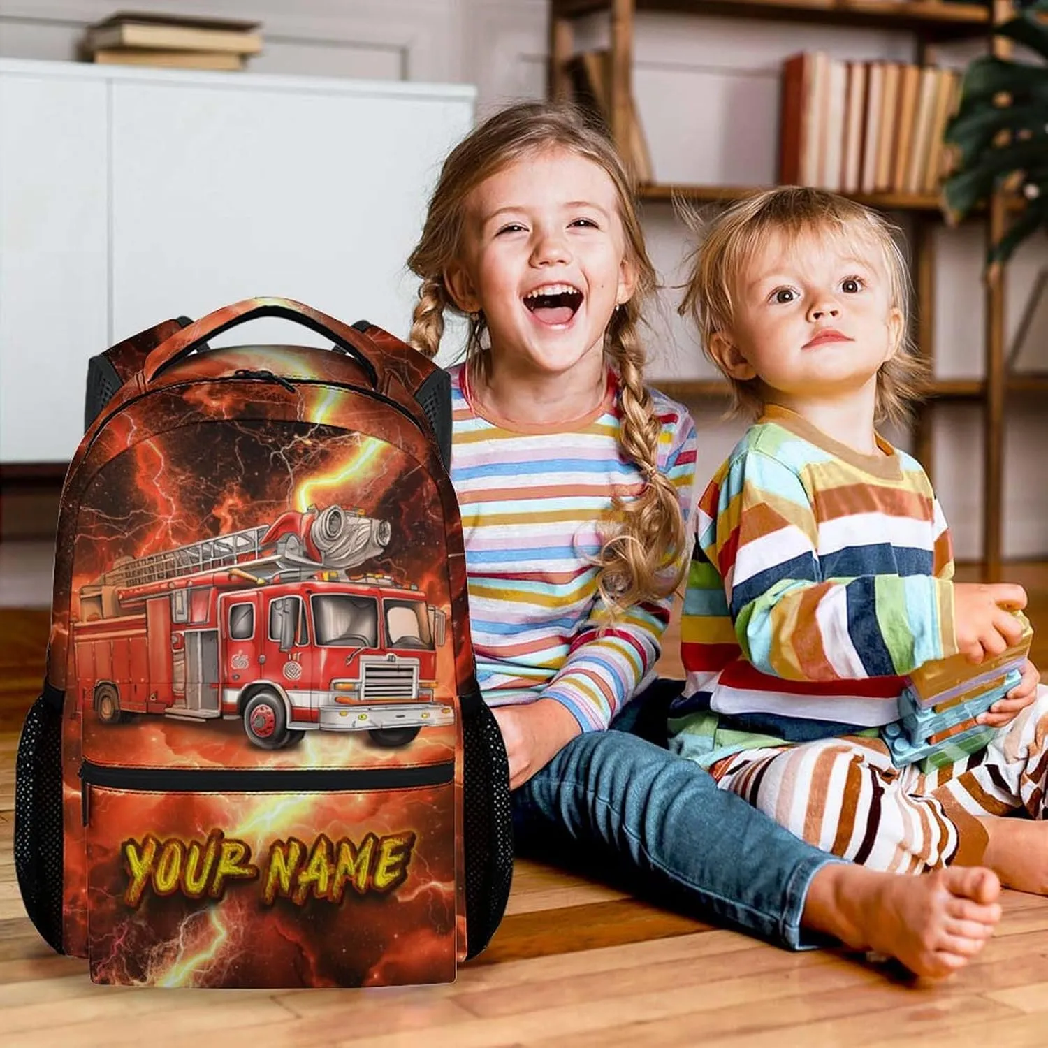 Custom School Backpack for Boys - 17 Inch Fire Truck Backpacks for Kindergarten, Elementary - Adjustable Fire Truck Bookbag