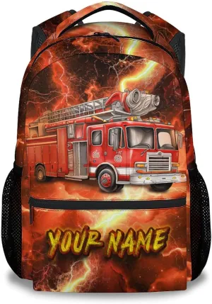 Custom School Backpack for Boys - 17 Inch Fire Truck Backpacks for Kindergarten, Elementary - Adjustable Fire Truck Bookbag