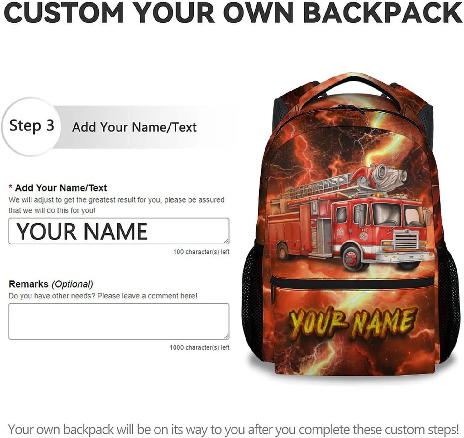 Custom School Backpack for Boys - 17 Inch Fire Truck Backpacks for Kindergarten, Elementary - Adjustable Fire Truck Bookbag