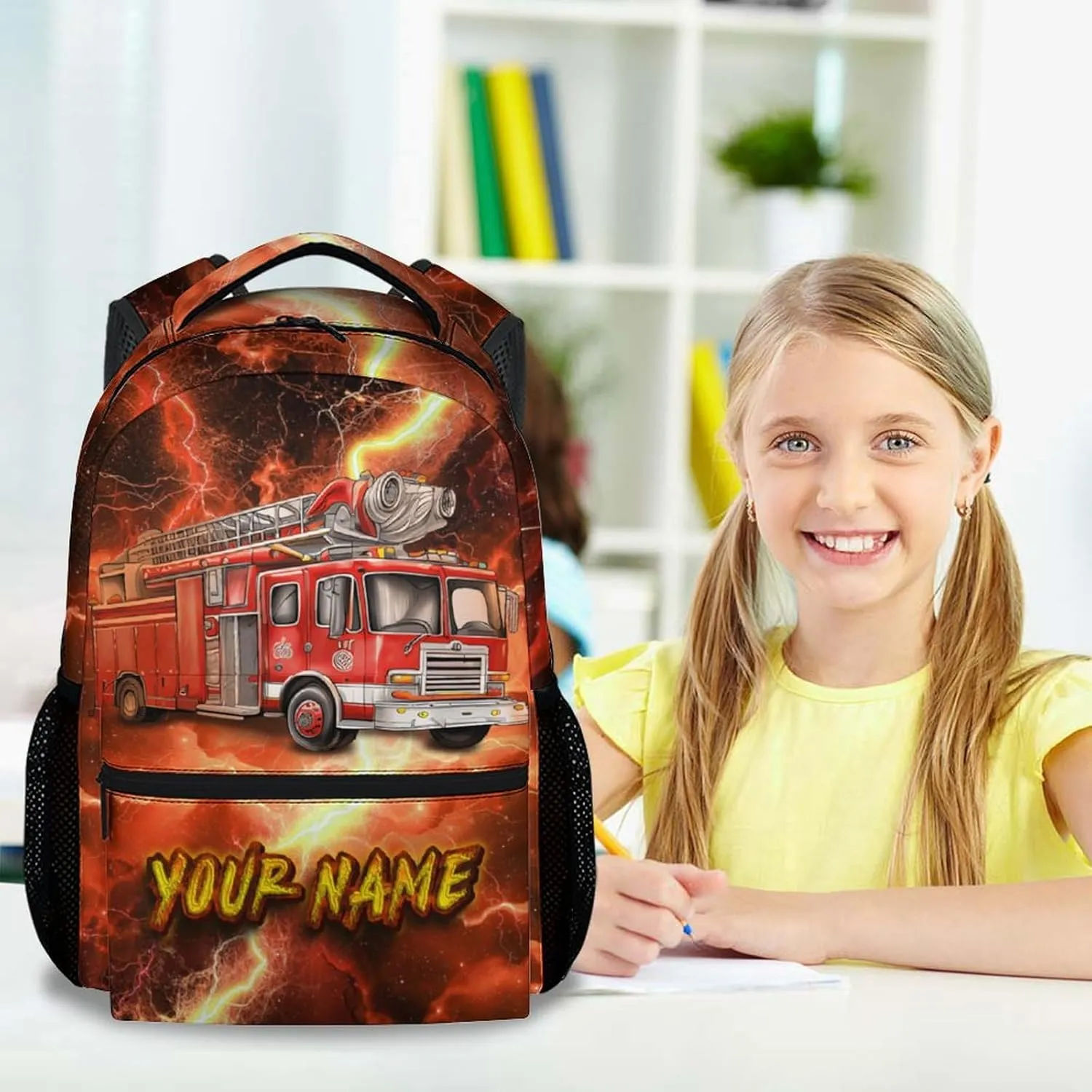 Custom School Backpack for Boys - 17 Inch Fire Truck Backpacks for Kindergarten, Elementary - Adjustable Fire Truck Bookbag