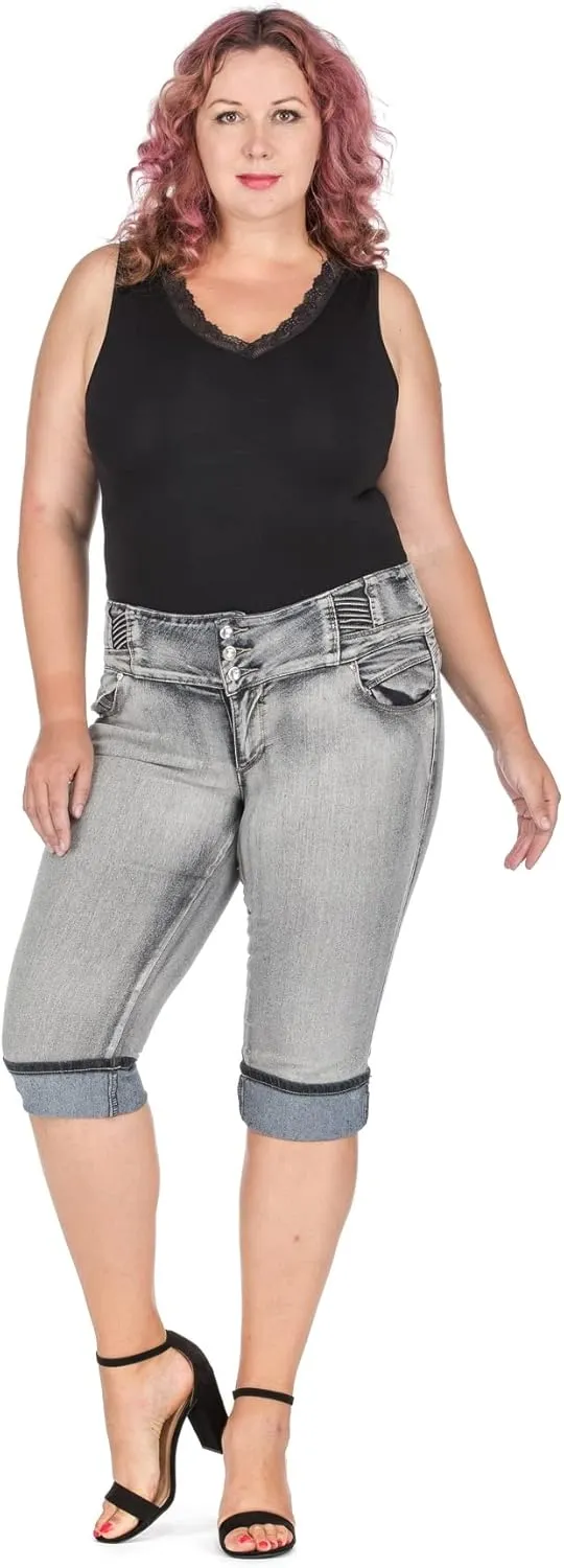 D&B by LA CHULA Women's Plus Size Blue Denim Jeans Bermuda Short/Capri Pants
