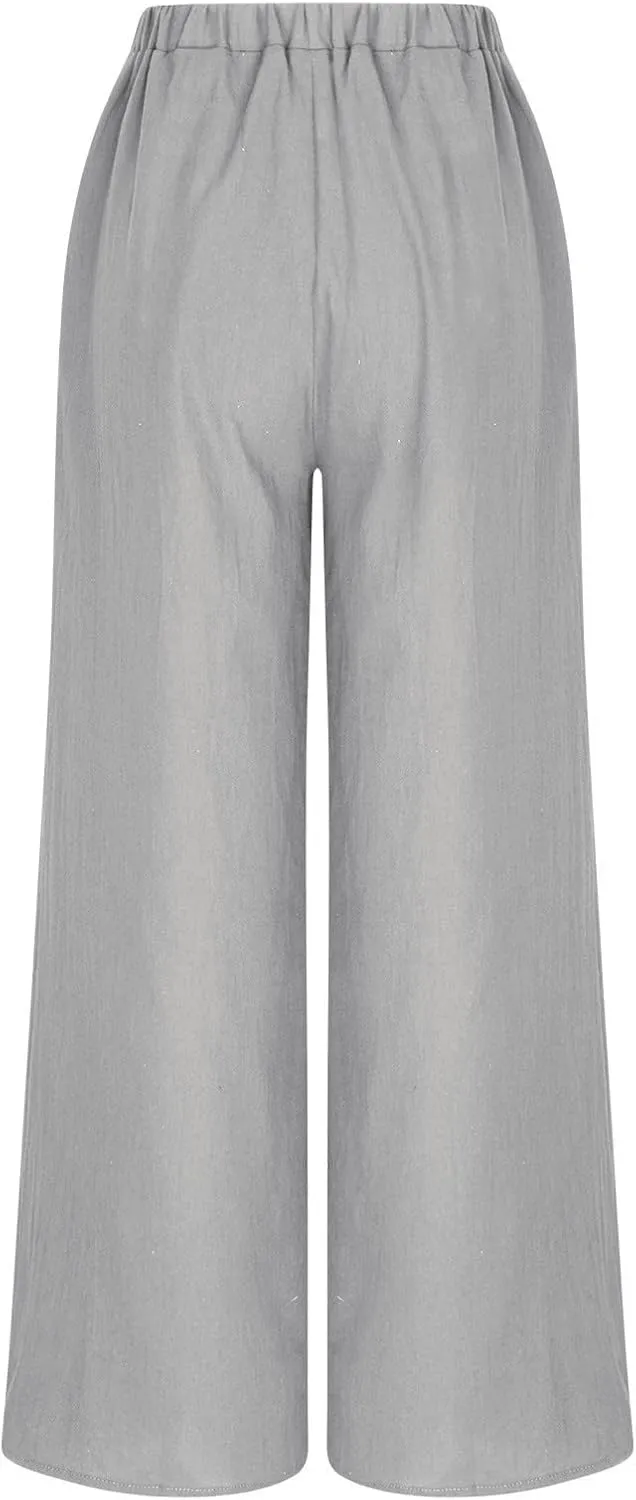 DASAYO Cotton Linen Pants for Women Trendy Elastic Waist Palazzo Pants Dressy Casual Flowy Wide Leg Trousers with Pockets