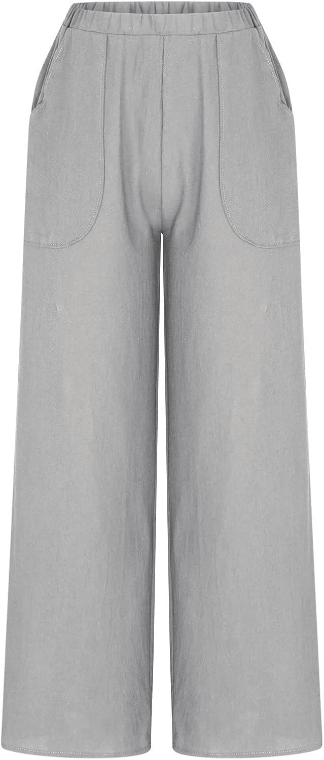 DASAYO Cotton Linen Pants for Women Trendy Elastic Waist Palazzo Pants Dressy Casual Flowy Wide Leg Trousers with Pockets