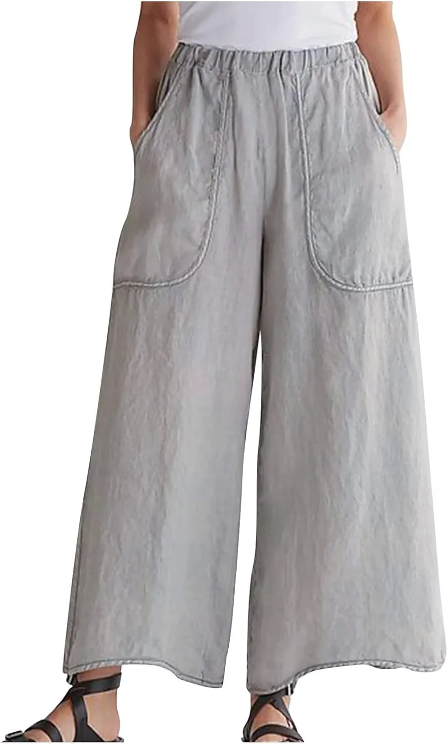 DASAYO Cotton Linen Pants for Women Trendy Elastic Waist Palazzo Pants Dressy Casual Flowy Wide Leg Trousers with Pockets