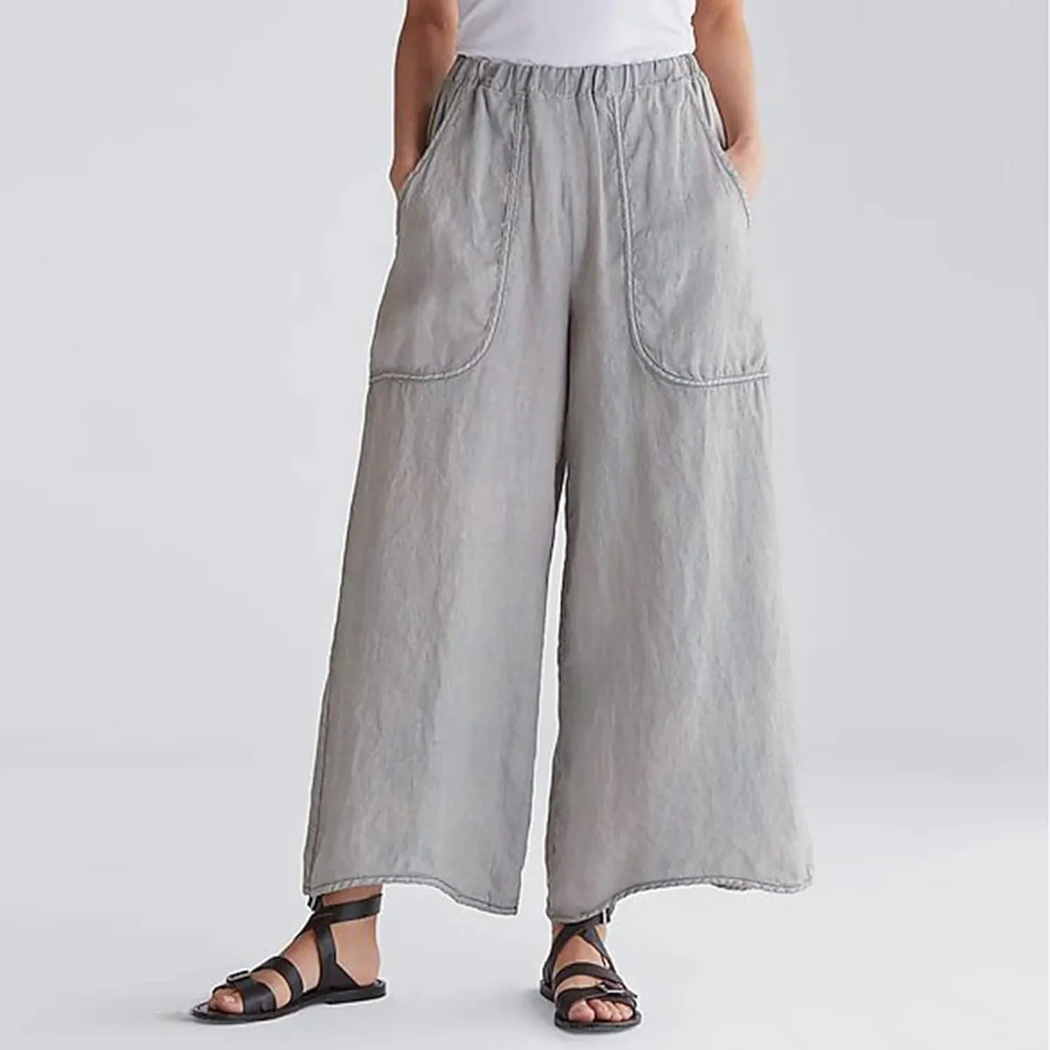 DASAYO Cotton Linen Pants for Women Trendy Elastic Waist Palazzo Pants Dressy Casual Flowy Wide Leg Trousers with Pockets