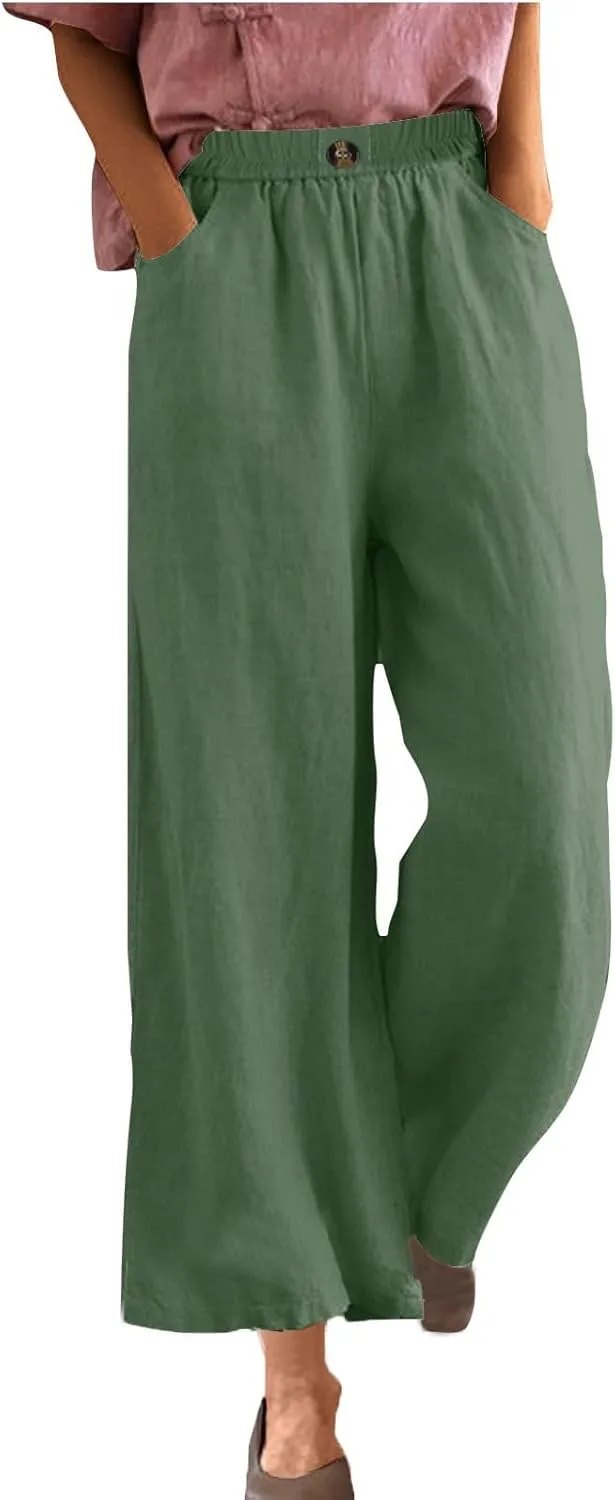 DASAYO Linen Pants Women Summer Elastic Waist Wide Leg Trousers with Pockets Ladies Loose Lounge Cropped Palazzo Beach Pants