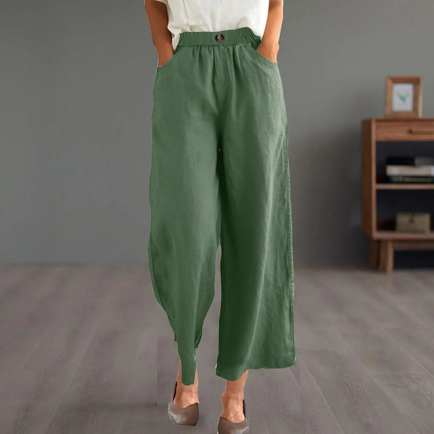 DASAYO Linen Pants Women Summer Elastic Waist Wide Leg Trousers with Pockets Ladies Loose Lounge Cropped Palazzo Beach Pants