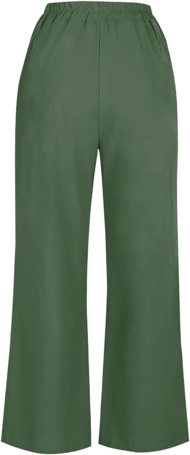 DASAYO Linen Pants Women Summer Elastic Waist Wide Leg Trousers with Pockets Ladies Loose Lounge Cropped Palazzo Beach Pants