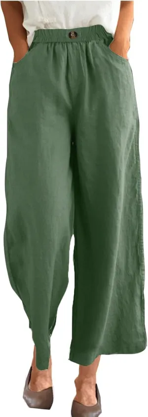 DASAYO Linen Pants Women Summer Elastic Waist Wide Leg Trousers with Pockets Ladies Loose Lounge Cropped Palazzo Beach Pants