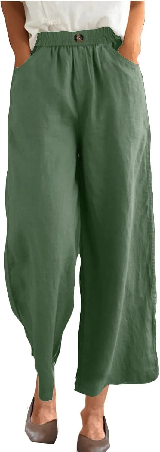 DASAYO Linen Pants Women Summer Elastic Waist Wide Leg Trousers with Pockets Ladies Loose Lounge Cropped Palazzo Beach Pants