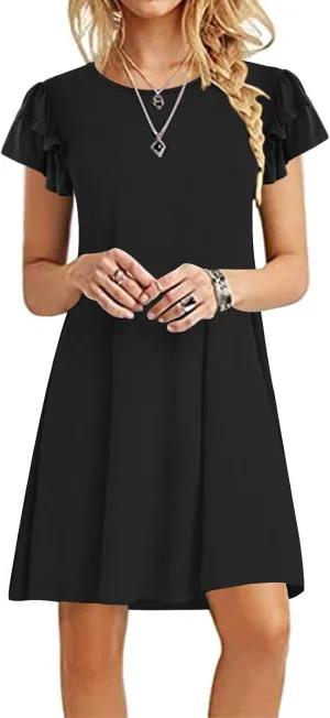 DB MOON Women 2025 Mini Dresses Summer Casual Ruffle Short Sleeve Cute Crew Neck Flowy Dress with Pockets