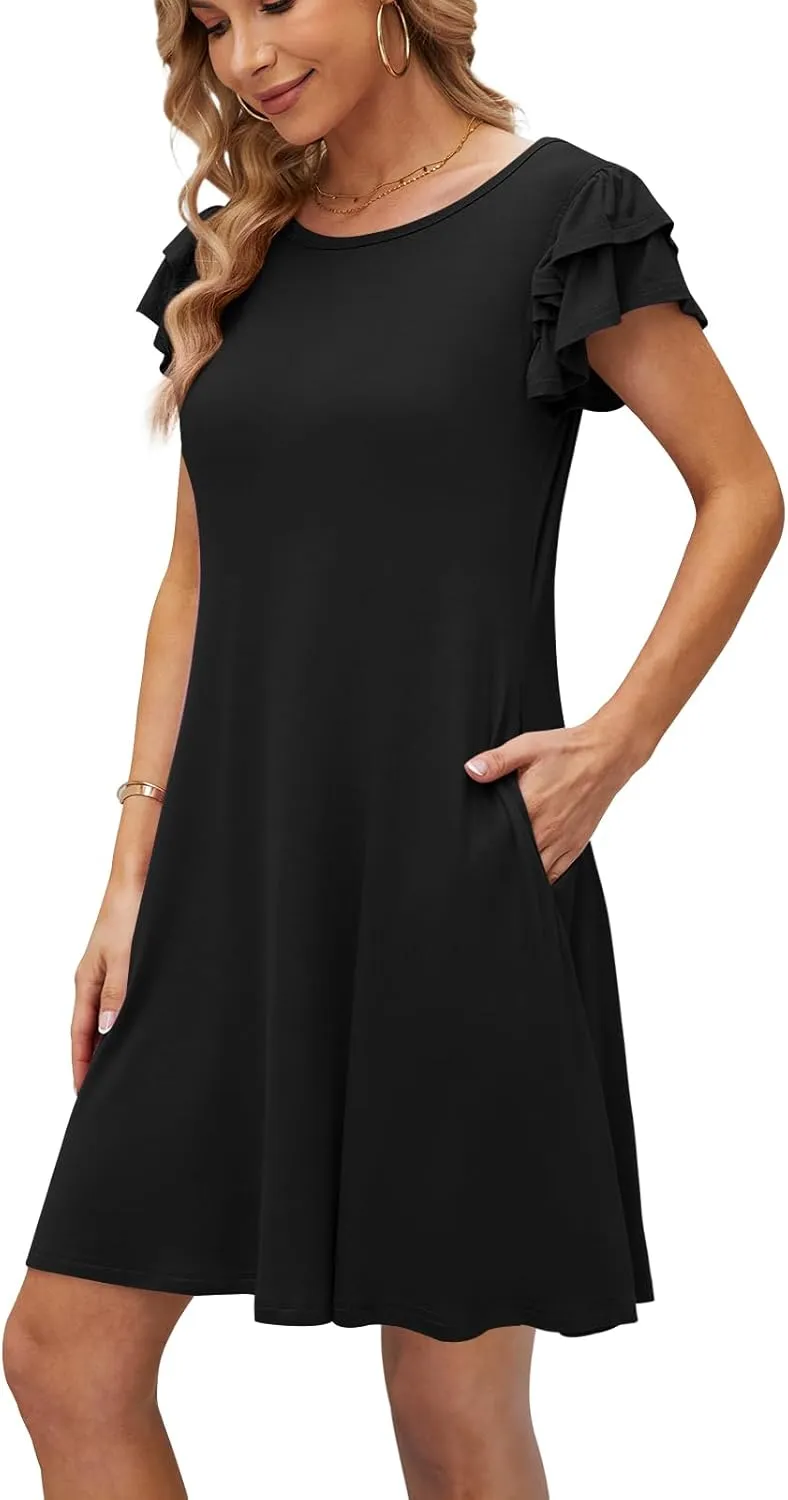 DB MOON Women 2025 Mini Dresses Summer Casual Ruffle Short Sleeve Cute Crew Neck Flowy Dress with Pockets