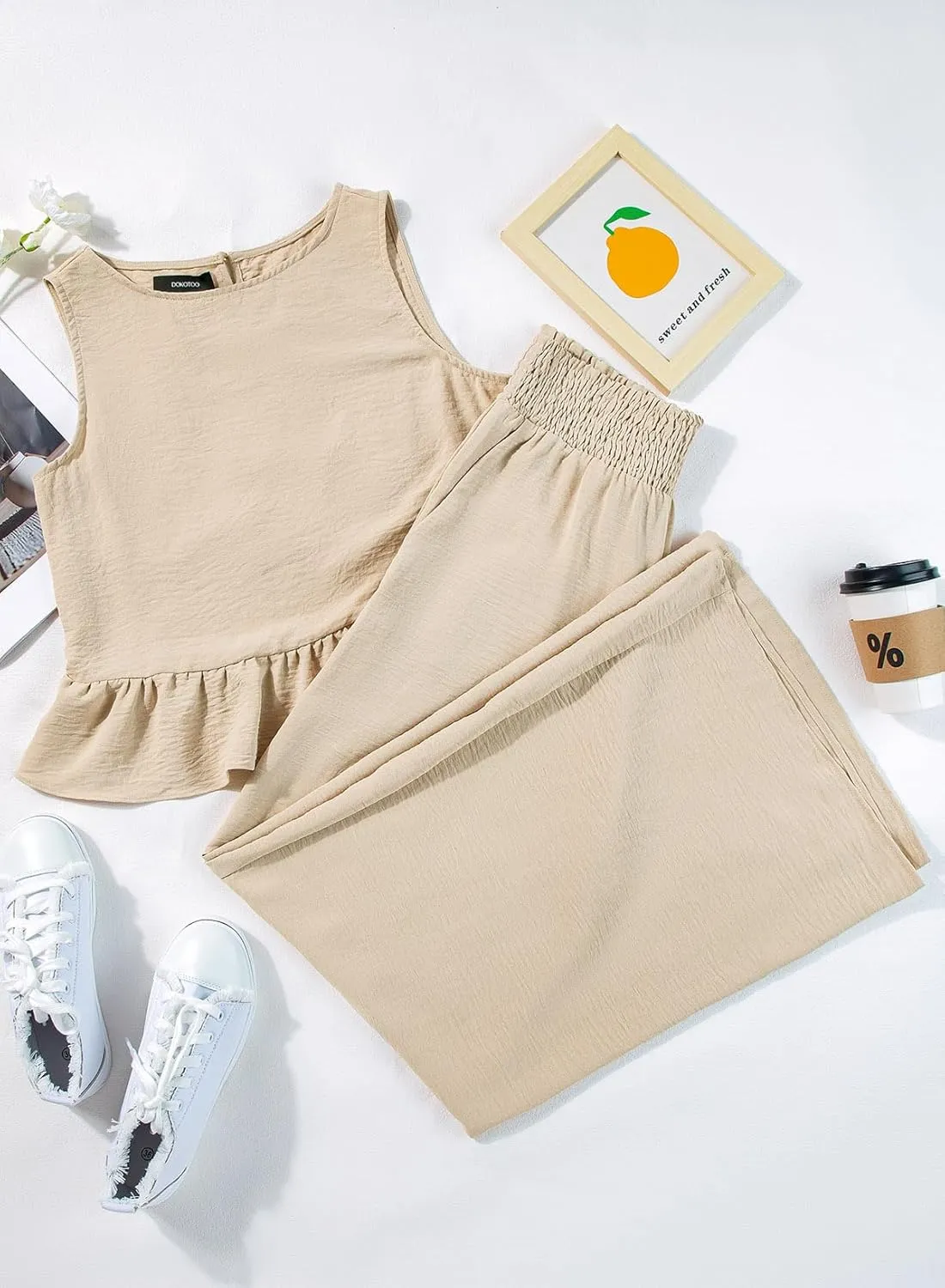 Dokotoo Pants Sets Women 2 Piece Outfits Sleeveless Round Neck Tank Tops Matching Sets for Women Elastic Waist Wide Leg