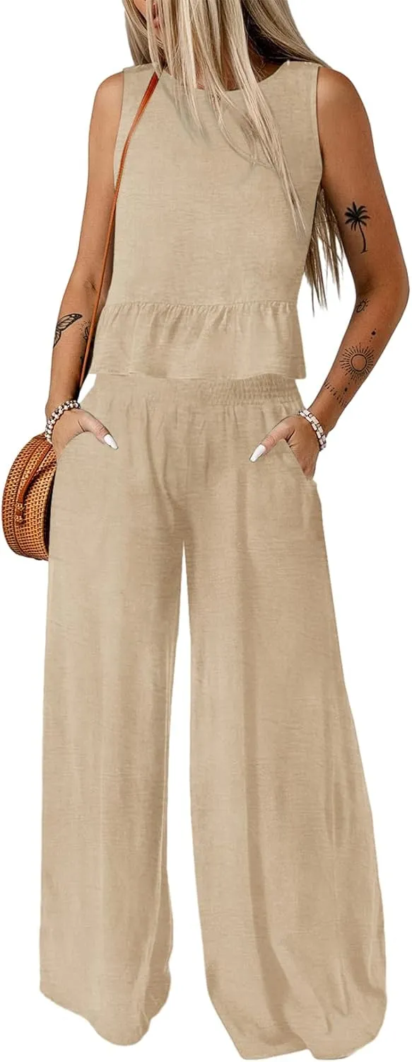 Dokotoo Pants Sets Women 2 Piece Outfits Sleeveless Round Neck Tank Tops Matching Sets for Women Elastic Waist Wide Leg